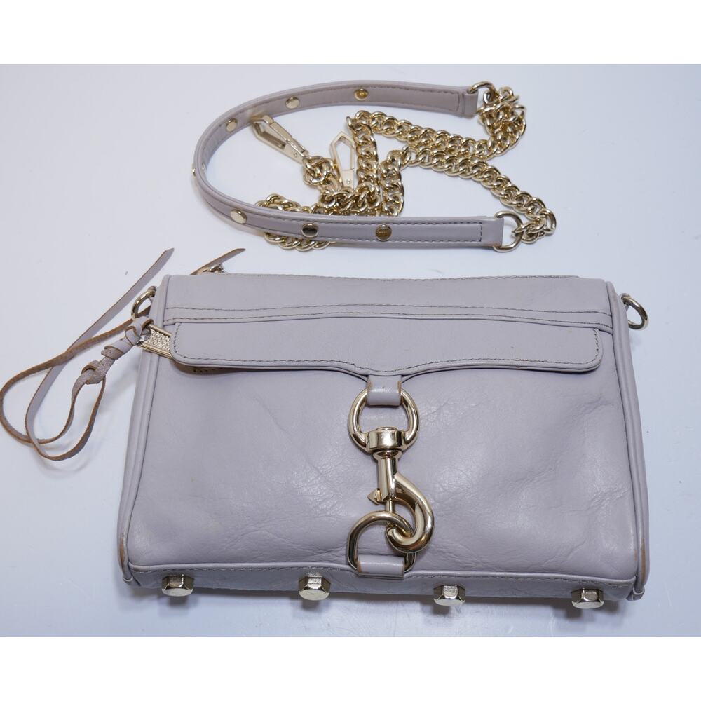 Rebecca Minkoff Mini Mac Grey Leather Gold Chain Crossbody Bag Clutch Purse